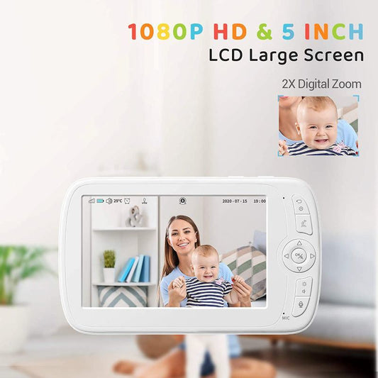 360° PTZ Remote 1080P 5"LCD Screen Video Baby Monitor With Night Vision